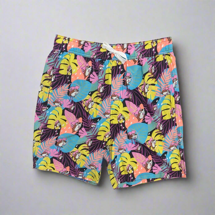 Buc-ee's Mens/Boys Tropical Swimsuit. Purple, pink, yellow palm leaes with Buc-ee.