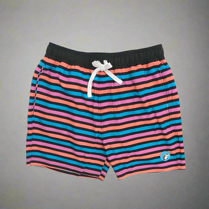 Buc-ee's Mens Striped Swimsuit. Pink, orange, and blue stripes.