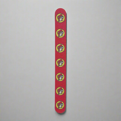 Buc-ee's Nail File. Red side with logo all down it.