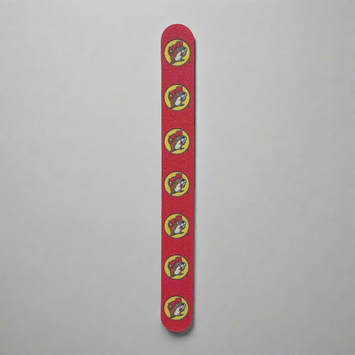 Buc-ee's Nail File. Red side with logo all down it.