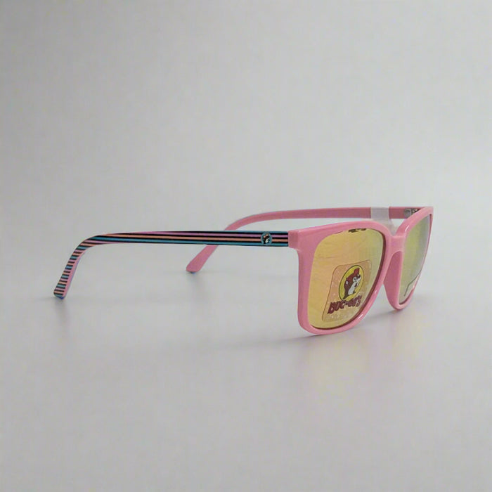 Buc-ee's Pink Striped Sunglasses. Pink frames with striped sides.