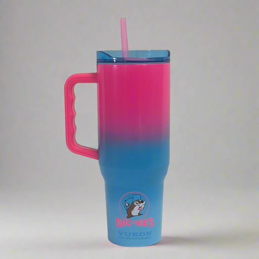 Buc-ee's Pink and Blue Tumbler the backside has the Buc-ee's logo placed at the bottom.