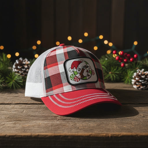 The front has a plaid design with the Buc-ee's logo in a santa hat with green and red peppermint candies. The bill of the hat is red with white stitching and the back is a mesh white trucker style.