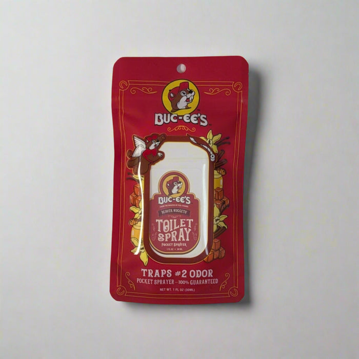 Buc-ee’s Toilet Spray Travel Packet with red packaging and Beaver Nuggets scent, designed for single-use odor elimination.