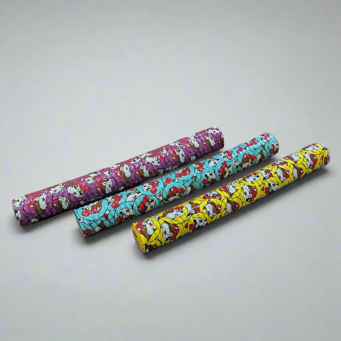 Buc-ee's Pool Noodles comes in 3 colors. Yellow, Blue, and Purple with the Buc-ee's logo all over it.