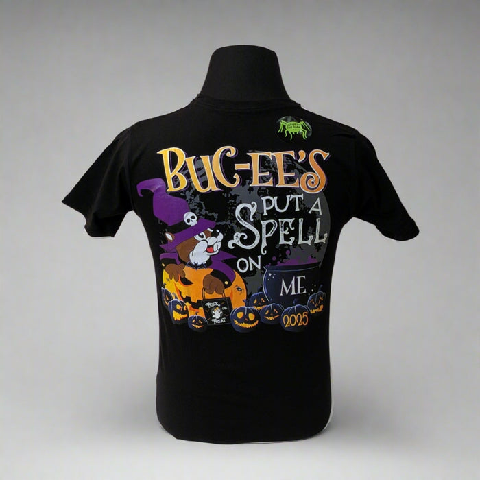Buc-ee's "Put a Spell on Me" Halloween Shirt 2025. The back has the saying Buc-ee's "Put a Spell on Me" with a witch Buc-ee in an orange pumpkin surrounded by Jacko lanterns.
