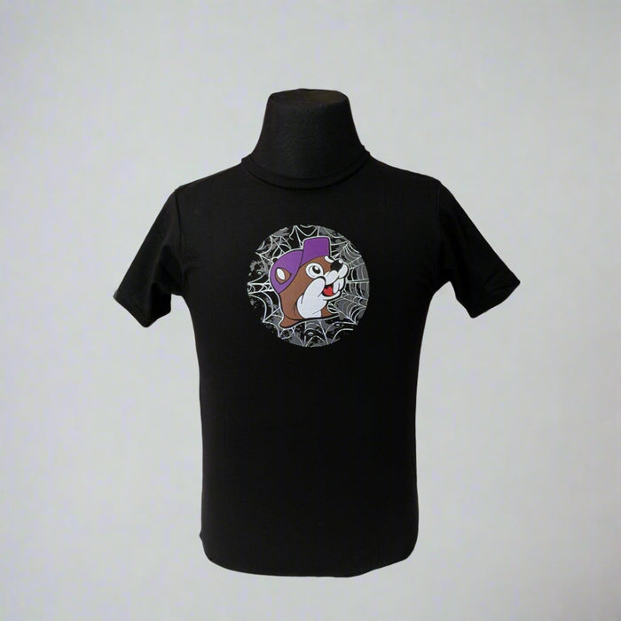 Buc-ee's "Put a Spell on Me" Halloween Shirt has a Buc-ee on the from surrounded with a spiderweb and he is wearing a purple hat.