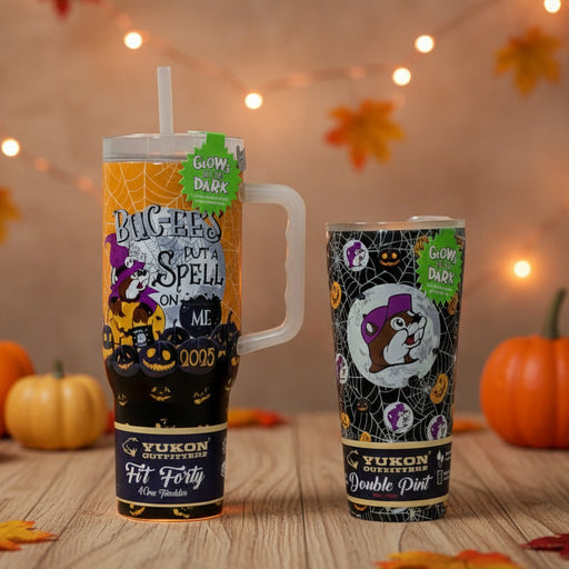 Buc-ee's "Put a Spell on Me" Halloween Tumblers. 40oz. and 32oz. Both glow in the dark with Halloween Buc-ee's and pumpkins on it.
