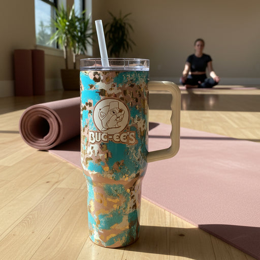 Buc-ee’s Ranch Leopard 40oz tumbler with a turquoise, tan, and metallic leopard print design, featuring the Buc-ee’s logo, a cream-colored handle, clear lid, and reusable straw, displayed on the floor next to a yoga mat.