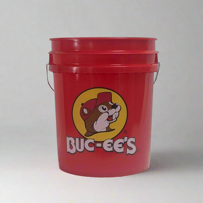 Buc-ee's Red Classic Bucket with the Buc-ee's logo on the front.
