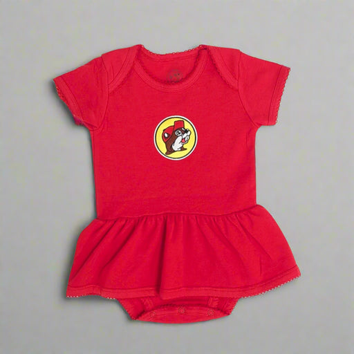 Buc-ee's Red Classic Onesie Dress with the Buc-ee's logo on it.