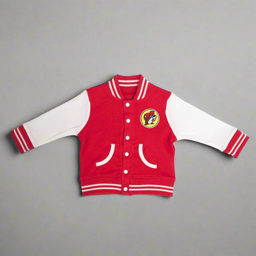 Buc-ee's Red Varsity Jacket with Buc-ee's Logo.