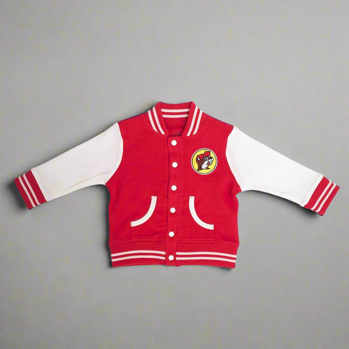 Buc-ee's Red Varsity Jacket with Buc-ee's Logo.