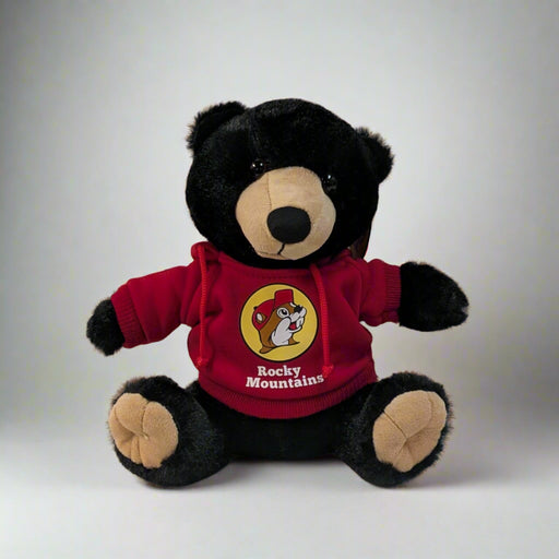 Buc-ee's Rocky Mountain Black Bear Stuffed Animal has a red hoodie with the Buc-ee's logo and it's red.