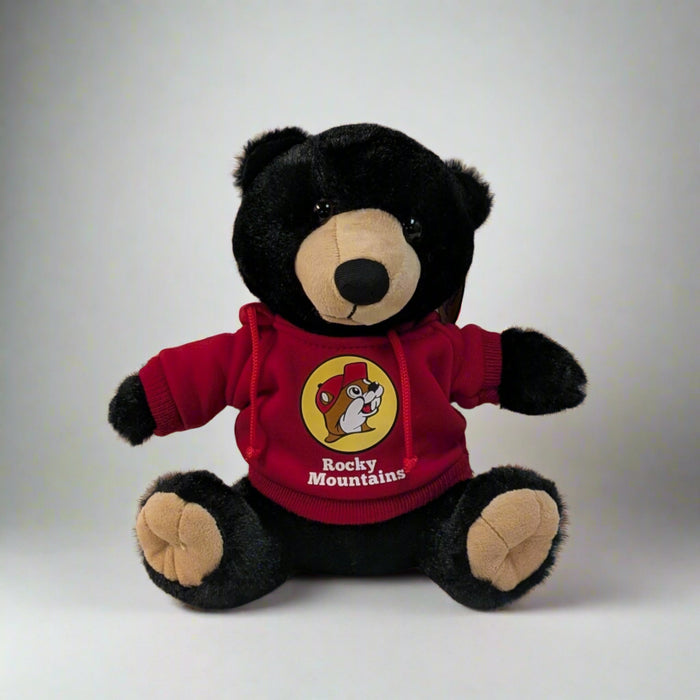 Buc-ee's Rocky Mountain Black Bear Stuffed Animal has a red hoodie with the Buc-ee's logo and it's red.