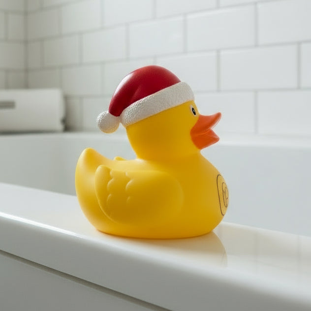 Side view of a yellow Buc-ee’s rubber duck wearing a red and white Santa hat, sitting on the edge of a tub.