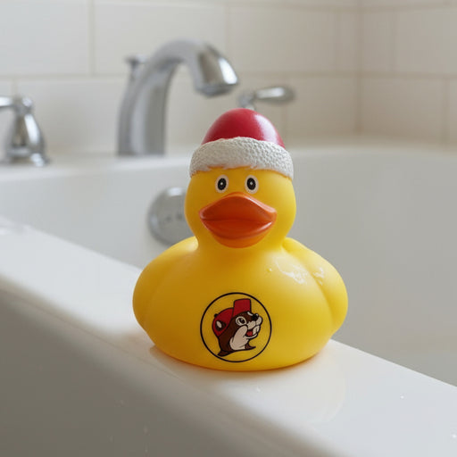 Yellow Buc-ee’s rubber duck wearing a red and white Santa hat, featuring the Buc-ee’s beaver logo on the front, sitting on the edge of a bathtub.
