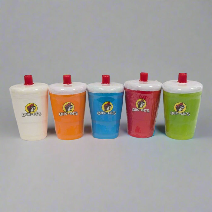 "Set of 5 colorful Buc-ee's ceramic drink tumblers with white and red lids, featuring Buc-ee's beaver logo in white, orange, blue, red, and green colors."