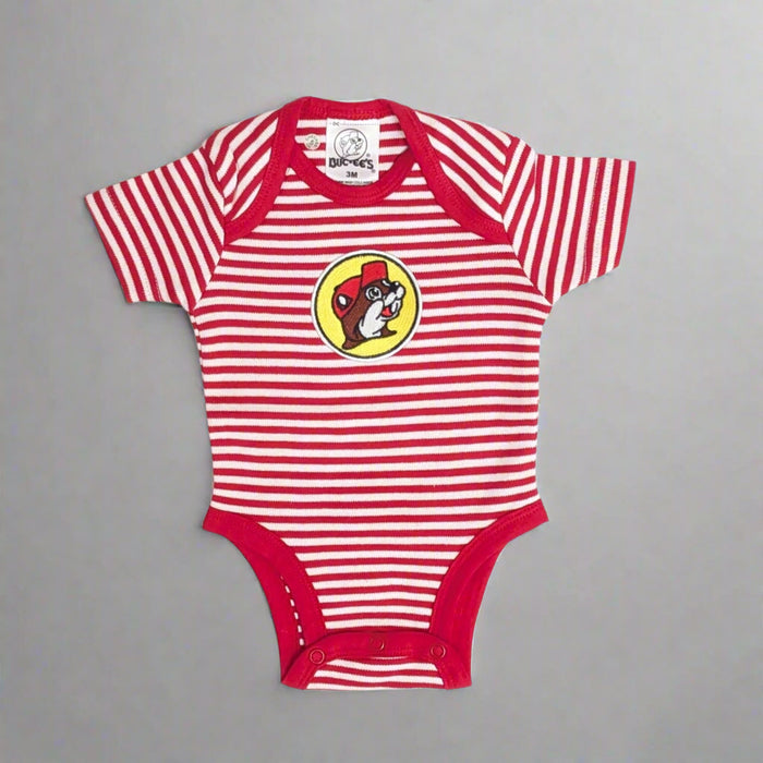 Buc-ee's Striped Classic Onsie. Red and white stripes with the Buc-ee's logo on it.