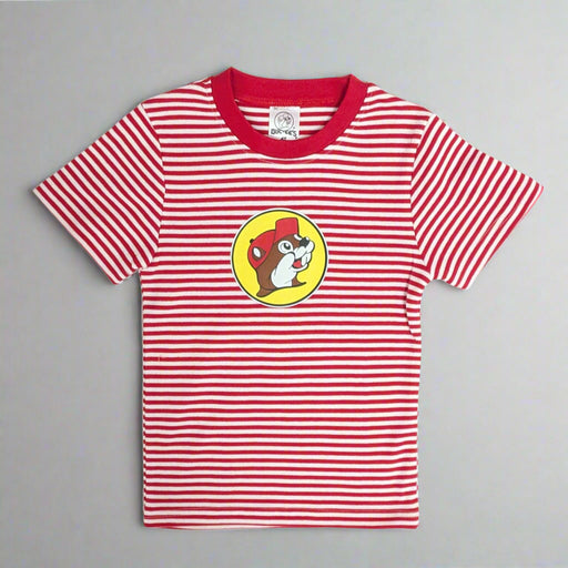Buc-ee's Striped Classic Shirt. Red and white stripes with the Buc-ee's logo on the front.
