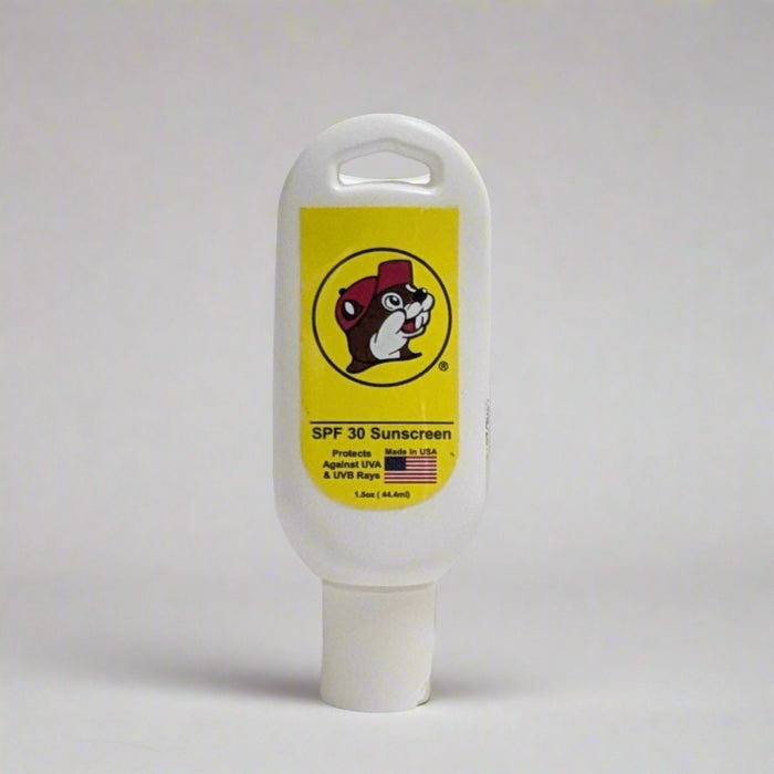 Buc-ee's Sunscreen SPF 30 in a 1.5oz. bottle with the logo on the front.