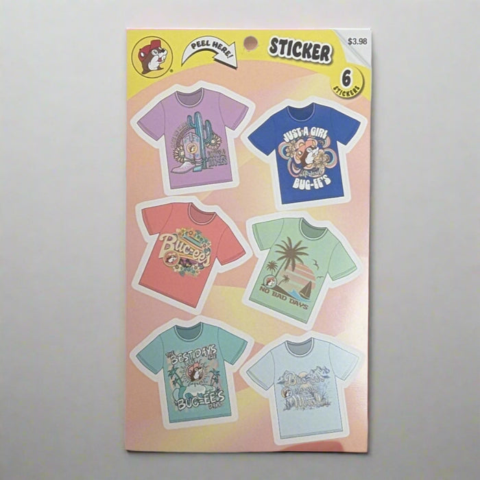 Buc-ee's T-Shirt Stickers. Has 6 stickers of 6 different Buc-ee's t-shirt designs.