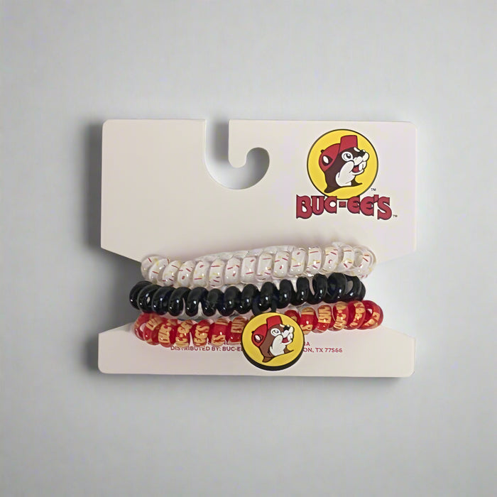 Buc-ee's Telephone Cord Hair Tie. Red, Black, and white colors.