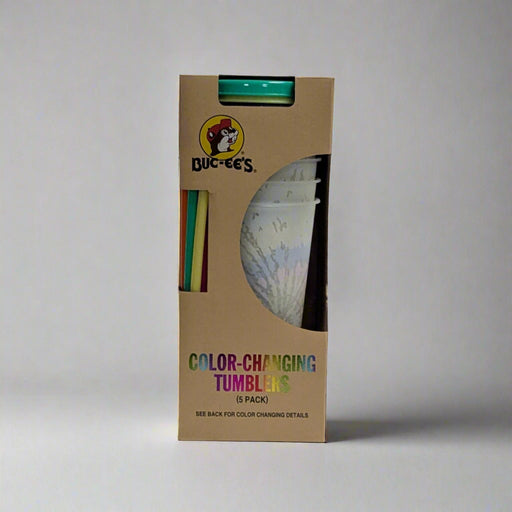 Buc-ee's Tie-Dye Color-Changing Tumblers. 5 pack of clear tie-dye tumblers that change color.