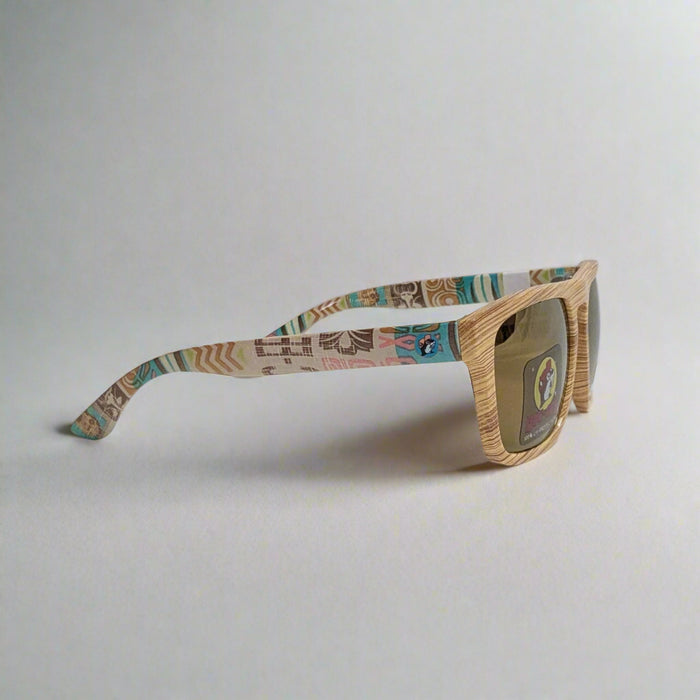 Buc-ee's Tiki Sunglasses. Tiki style along the sides with a wood style around the frames.