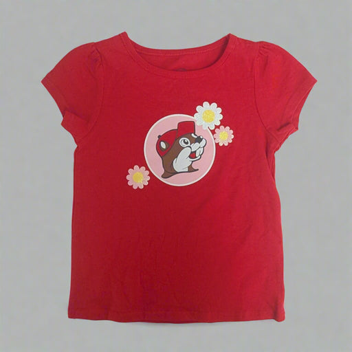 Buc-ee's Toddler Logo Flower Shirt. Red shirt with the Buc-ee's logo in a pink circle with flowers.