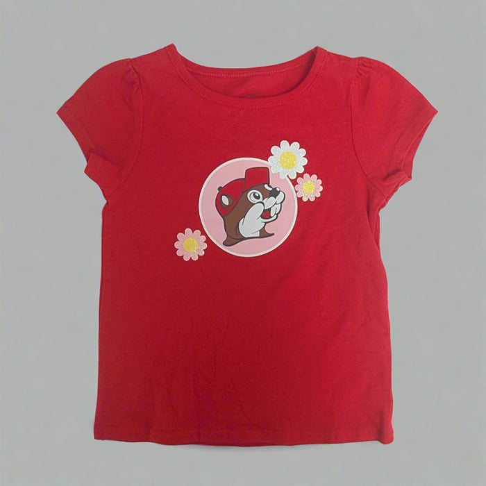 Buc-ee's Toddler Logo Flower Shirt. Red shirt with the Buc-ee's logo in a pink circle with flowers.