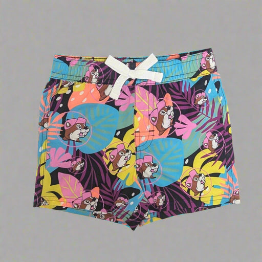 Buc-ee's Mens/Boys Tropical Swimsuit. Purple, pink, yellow palm leaes with Buc-ee.