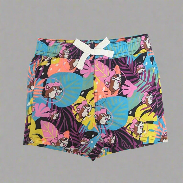 Buc-ee's Mens/Boys Tropical Swimsuit. Purple, pink, yellow palm leaes with Buc-ee.