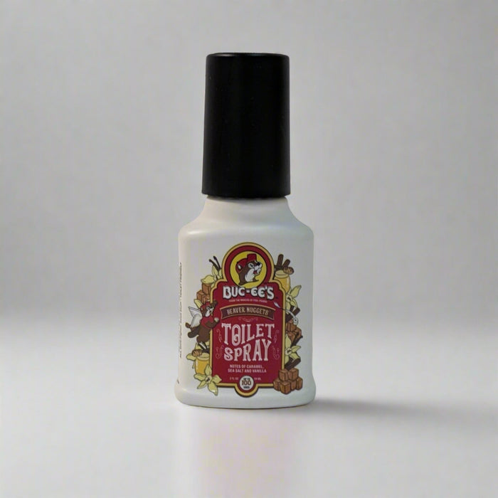 Buc-ee’s Toilet Spray bottle with a black cap and a Beaver Nuggets-themed label, designed to eliminate odors with a sweet scent.