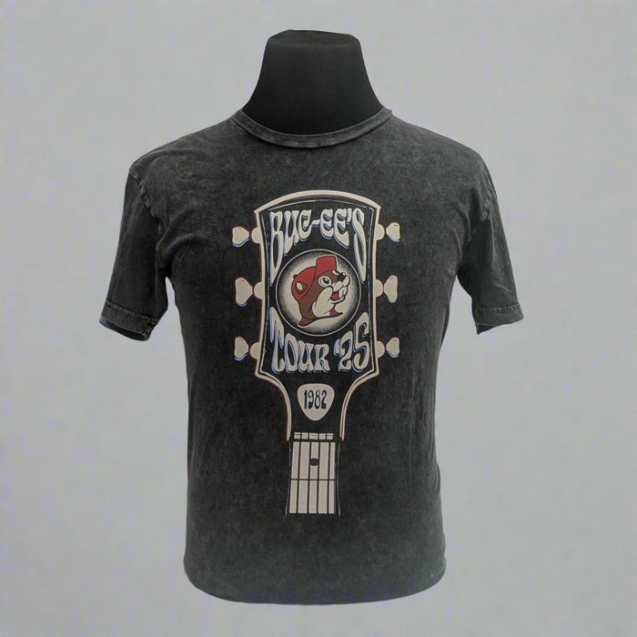 Buc-ee's Tour Shirt. Gray/blackish with a guitar and Buc-ee's sign.