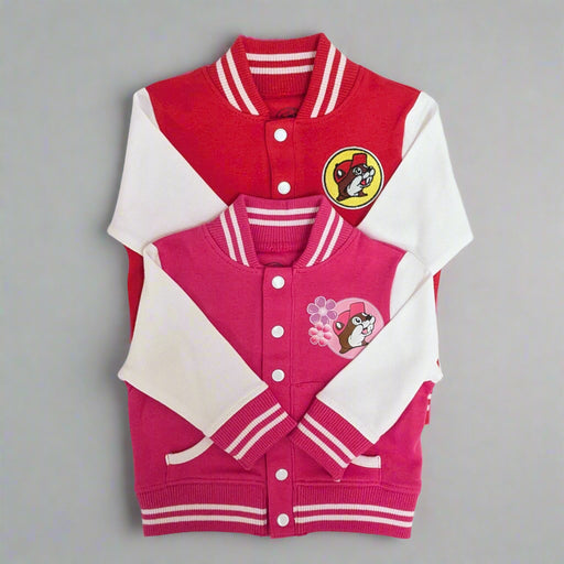 Buc-ee's Varsity Kid Jackets. Red and Pink with Buc-ee's logo and snap buttons.
