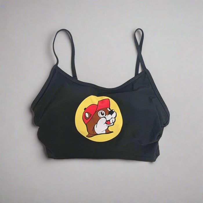 Buc-ee's Women's Black Logo Swim Top with the Logo on the front.