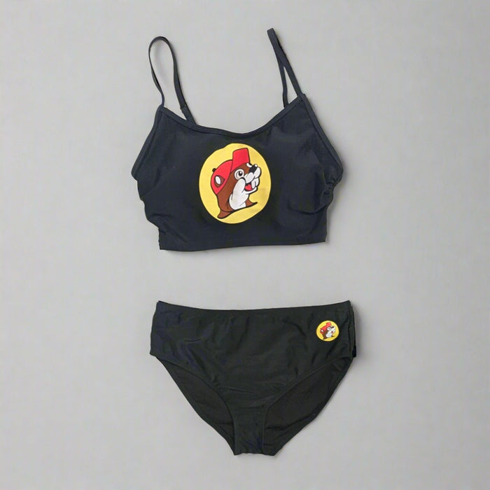 Buc-ee's Women's Black Logo Swim Suit Set. With a top and a bottom with the Buc-ee's Logo on them.