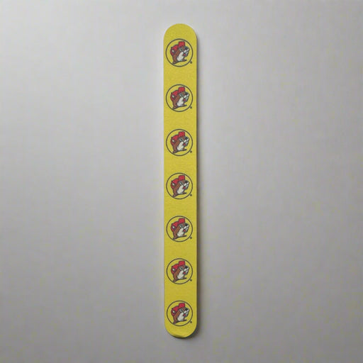 Buc-ee's Nail File has a yellow side with the logo all the way down.