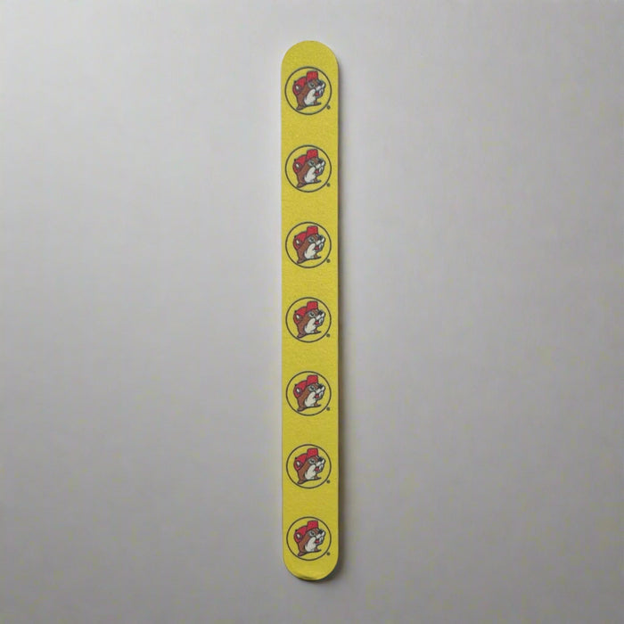 Buc-ee's Nail File has a yellow side with the logo all the way down.
