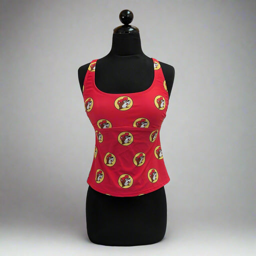 Buc-ee's Women's Red Logo Tankini Top. Red with Buc-ee's logos all over it.