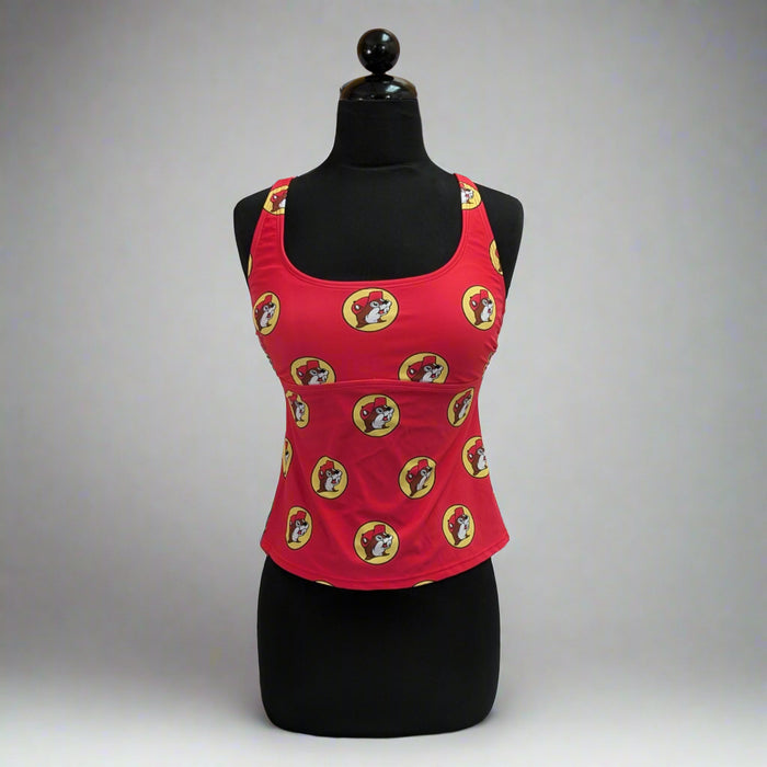Buc-ee's Women's Red Logo Tankini Top. Red with Buc-ee's logos all over it.