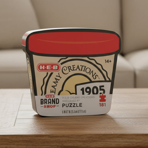 H-E-B Creamy Creations 1905 Vanilla Puzzle packaged in a container designed to look like an ice cream pint.