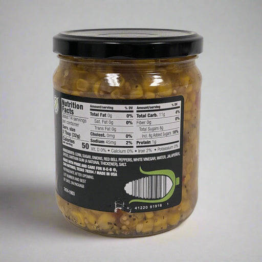 Back view of H-E-B Sweet Corn & Chile Salsa Relish jar showing nutrition facts and ingredient list