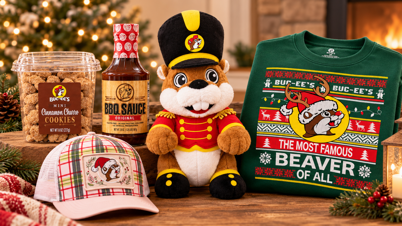 Buc-ee's Christmas gifts including a nutcracker plush, ugly sweater, pink plaid trucker hat, BBQ sauce, and cinnamon churro cookies.