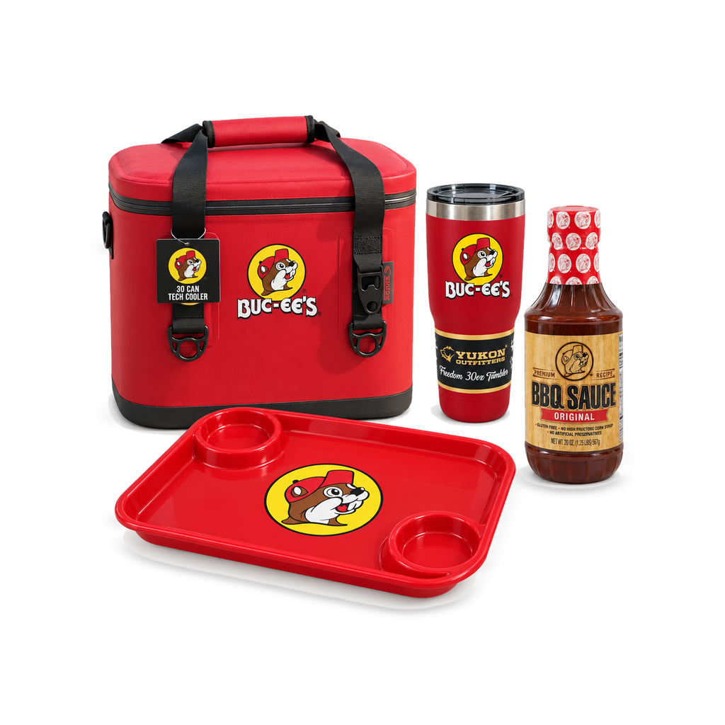 Buc-ee's bundle with red 30-can tech cooler, Yukon Outfitters 30 oz tumbler, beaver snack tray, and 20 oz Original BBQ sauce
