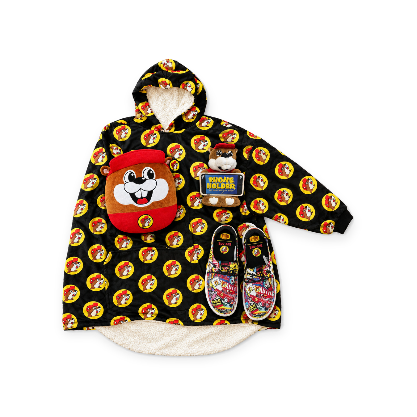 Buc-ee's bundle with black beaver-print sherpa hoodie, beaver squish pillow, plush phone holder, and graphic slip-on shoes