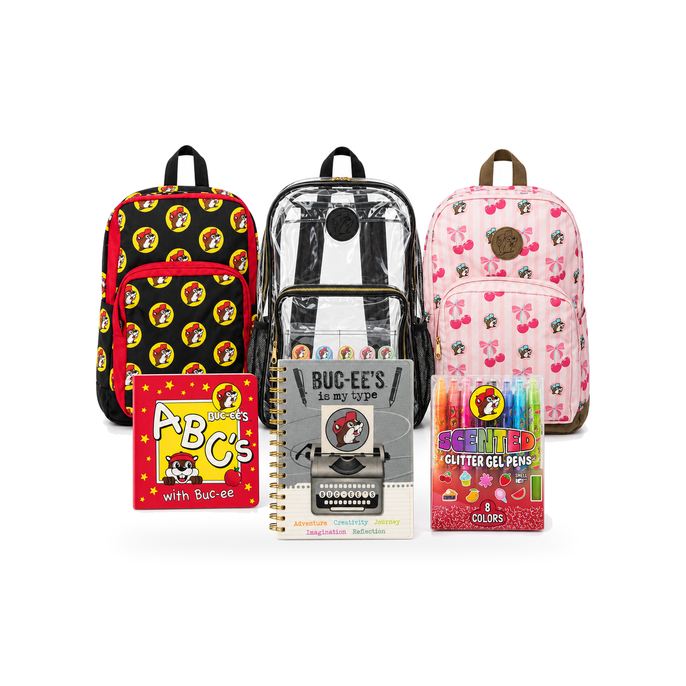Buc-ee's back-to-school bundle with black, clear, and pink cherry backpacks, ABC's board book, notebook, and 8 gel pens