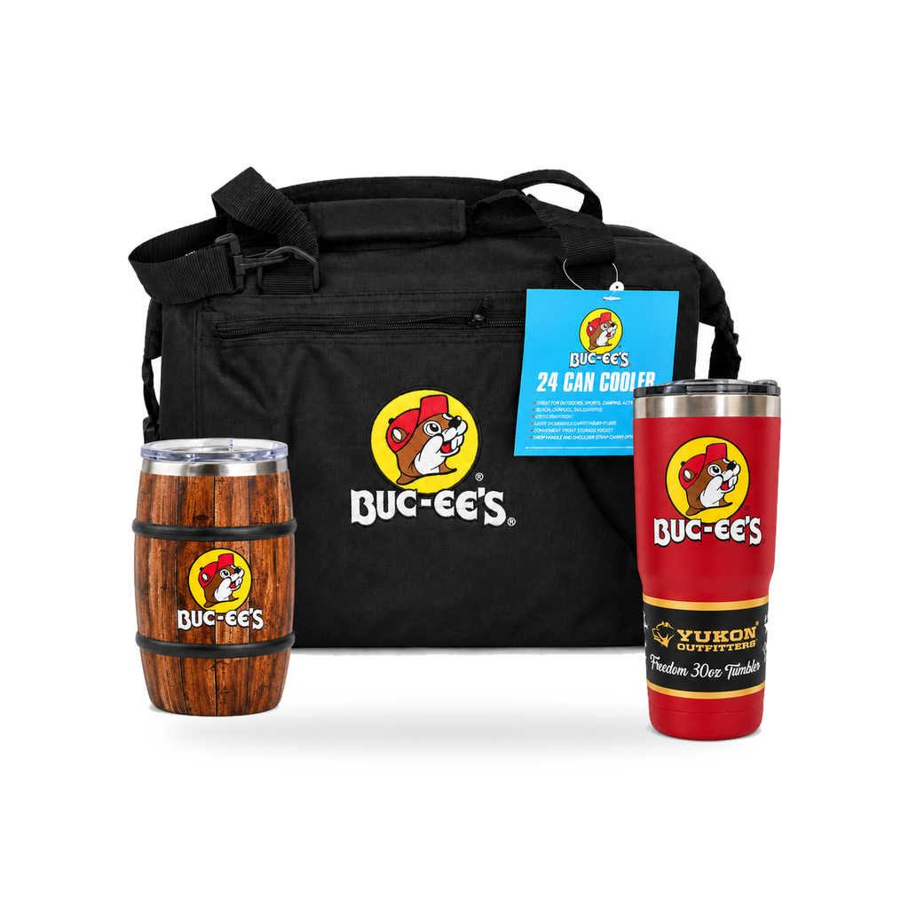 Buc-ee's bundle with black 24 can cooler bag, wood grain barrel tumbler, and red Yukon Outfitters Freedom 30 oz tumbler