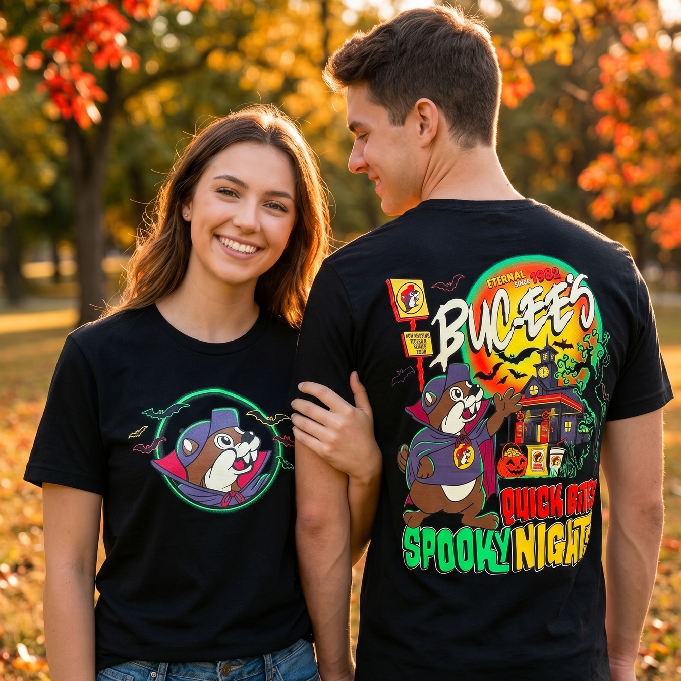 A couple wearing matching black graphic T-shirts. The woman's shirt has a circular cartoon character print on the chest, and the man's shirt has a large colorful Halloween-themed graphic on the back with the text 'Buck-ee's Quick Art Spooky Night.